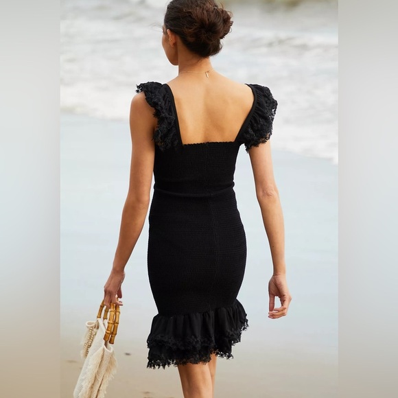 Peixoto Belle Mini Dress smocked ruffled square neck black rayon SZ S bodycon - Picture 2 of 9